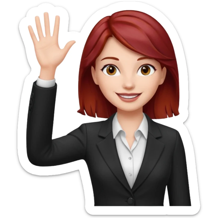 reate Emoji of white girl with bussines outfit is waveing with one hand and make her hair stronger dark red color please sticker