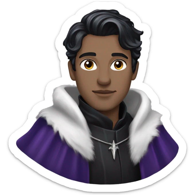 Rhysand has straight short blue-black hair, like a raven's feathers and violet/purple eyes, he wears a black cloak and a black and silver crown sticker
