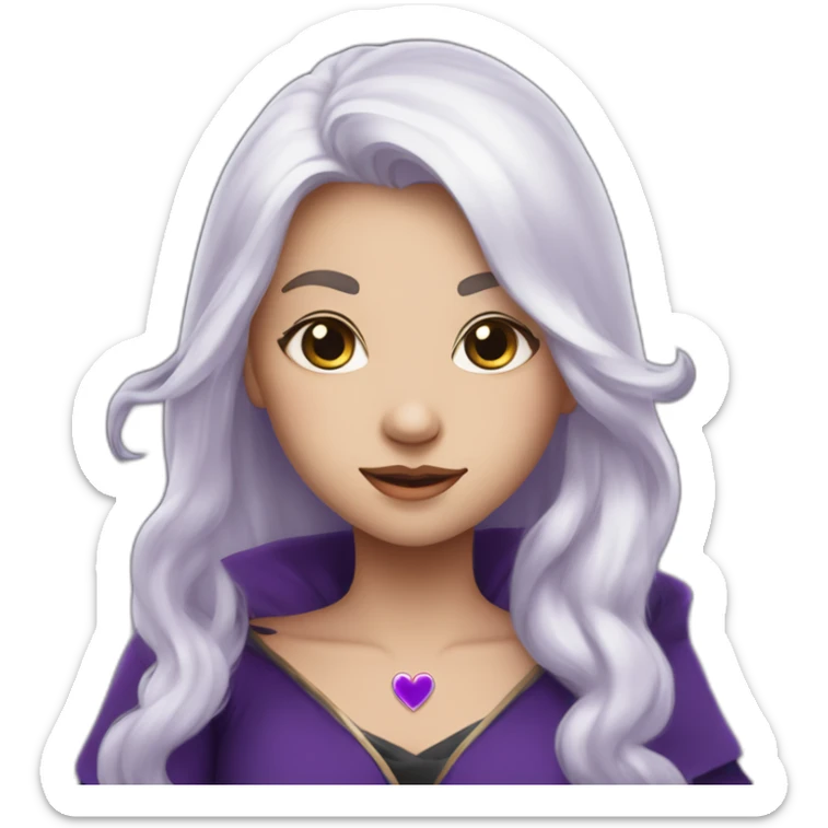 a girl with long white hair in purple top at the tip, a small heart on the left cheek black dress up like a sorcerer sticker