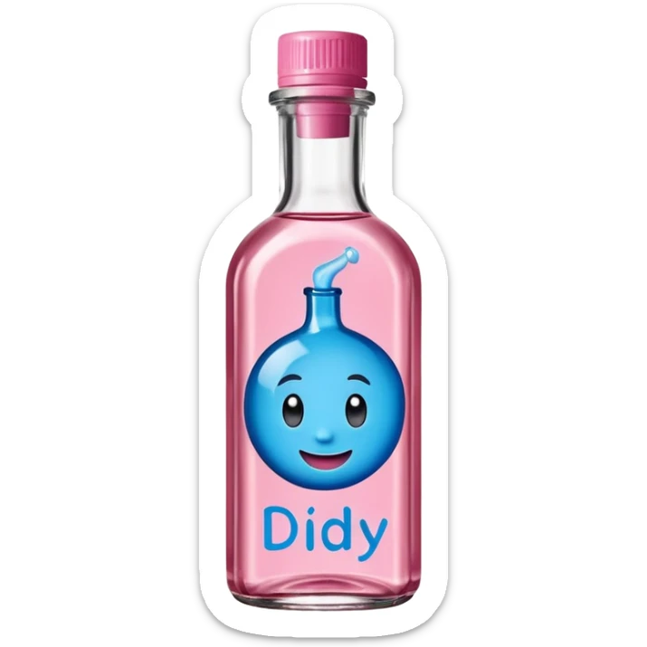 Smiling bottle of oil blue top pink outside with logo that says diddy oil sticker