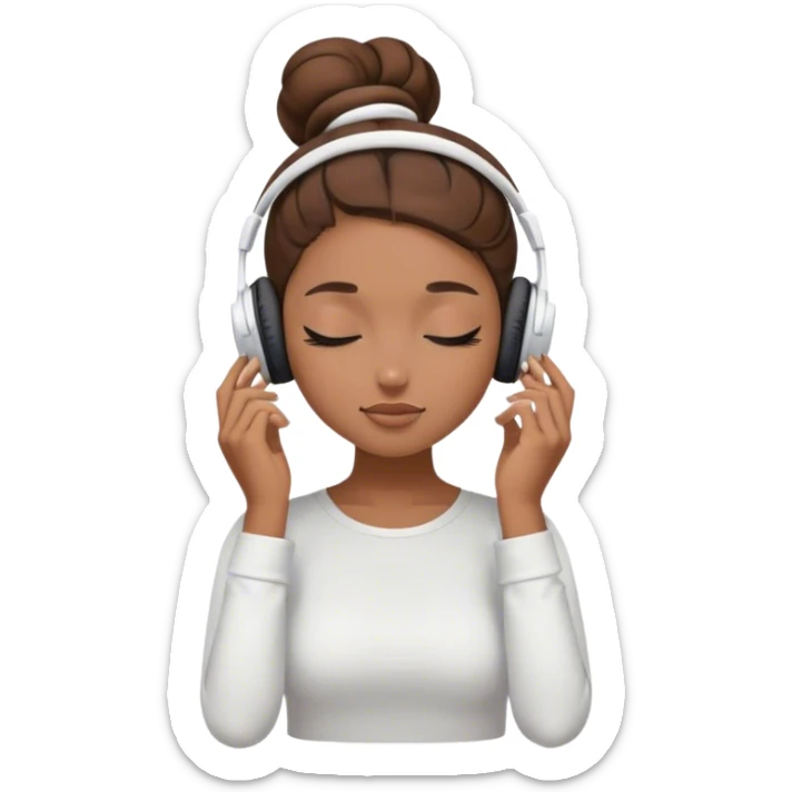 Light brown skin girl, brown hair in bun, eyes closed, white headphones on listing to music sticker