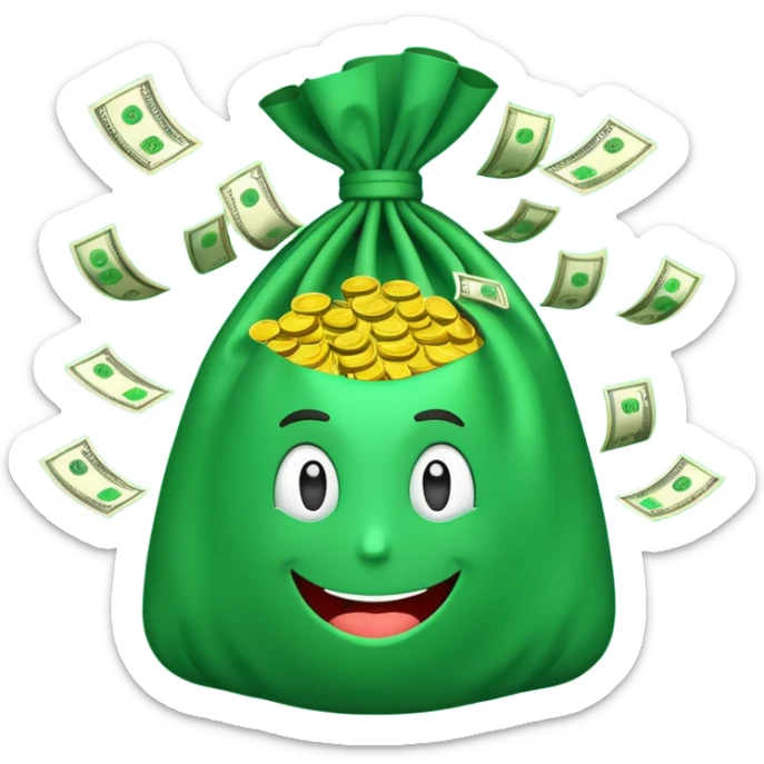 

3D emoji style, big bag of money, flying dollar bills, rich casino vibe, smooth lighting, high detail, clean edges, transparent background



 sticker