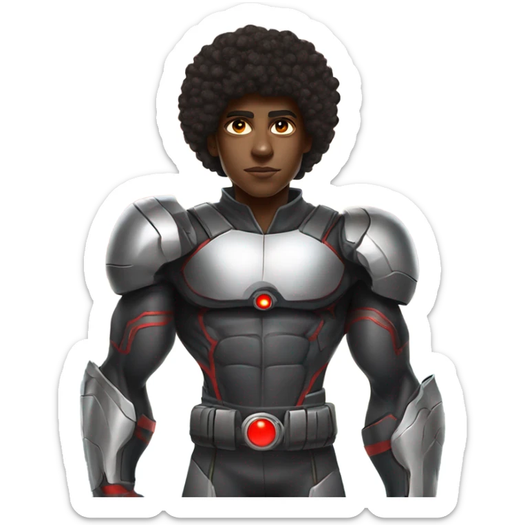 Muscular Afro teenage boy in a Cyborg superhero costume with a red left eye standing on a spaceship. sticker