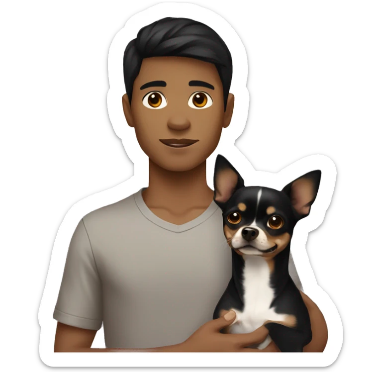 Boy with black hair and brown eye holding a black and brown chihuahua  sticker
