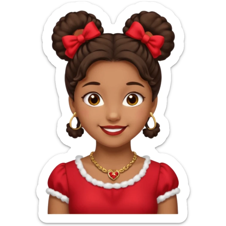 Brownskin girl dark brown hair fluffy.Two buns with red bows brown eyes smiling closed mouth red shift gold necklace sticker