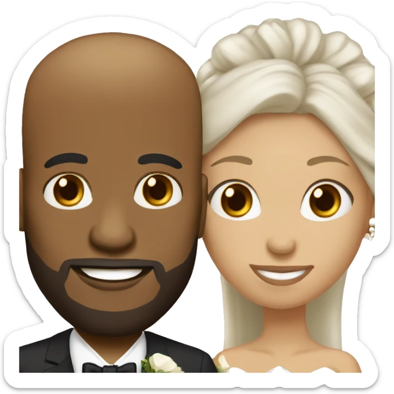 Black bald man with a beard and his wife with long, brown, curly hair on their wedding day sticker