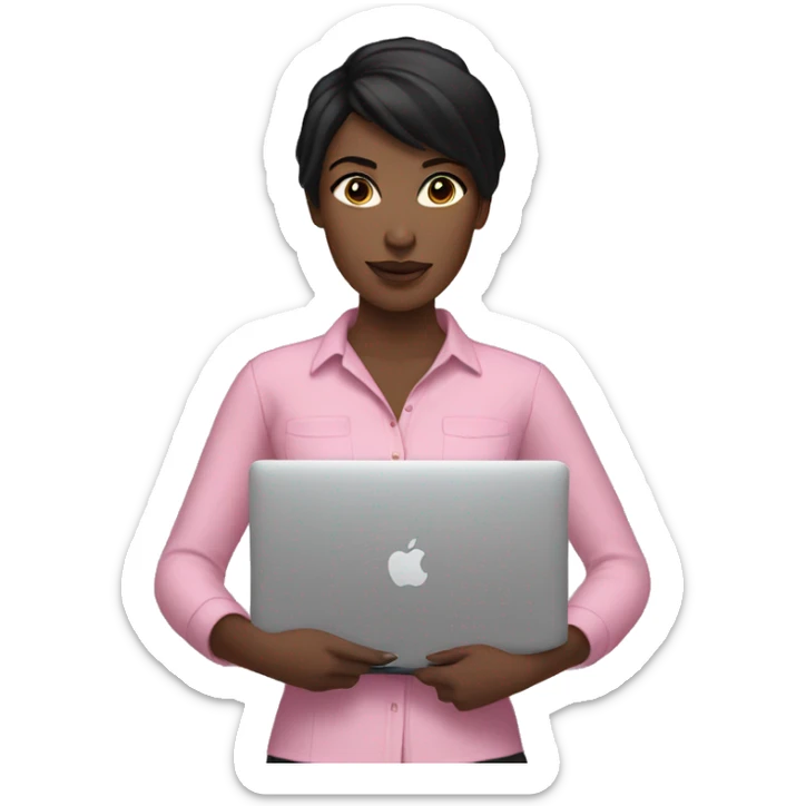 Fair-skinned woman with black hair wearing a pink shirt holding a gold macbook sticker