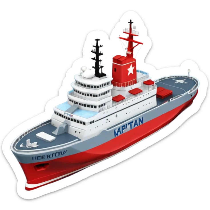 Realistic 3D icon of icebreaker "Kapitan Krutov" (grey hull, red star, white superstructure, "РОСМОРПОРТ" lettering). Soft winter lighting, 3/4 aerial view. Fractured blue ice, white background. High detail, photorealistic GSON style. sticker