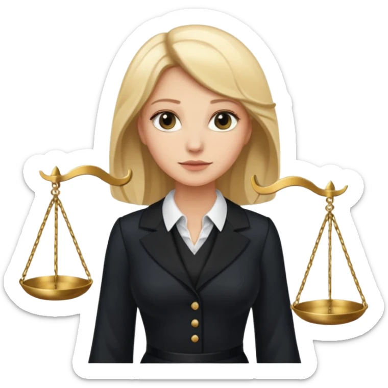 woman lawyer blanche et blonde habillée avec une longue robe noire et un col blanc, avec la balance de la justice derrière elle sticker