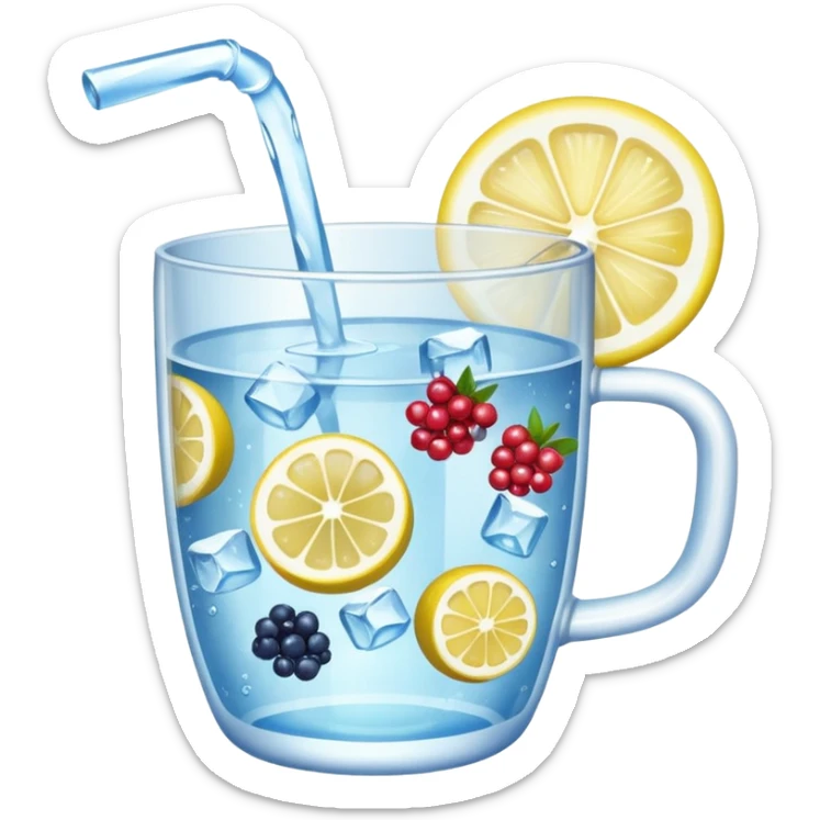 cup of water with visible berries, lemon wedges, and ice cubes, emoji style sticker