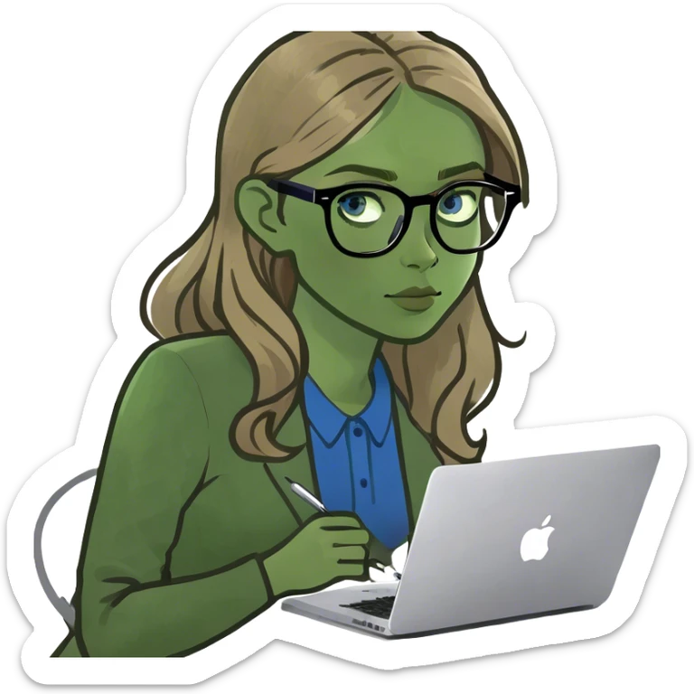 Pale skin girl with blue eyes, and dark blonde hair working with Mac  sticker