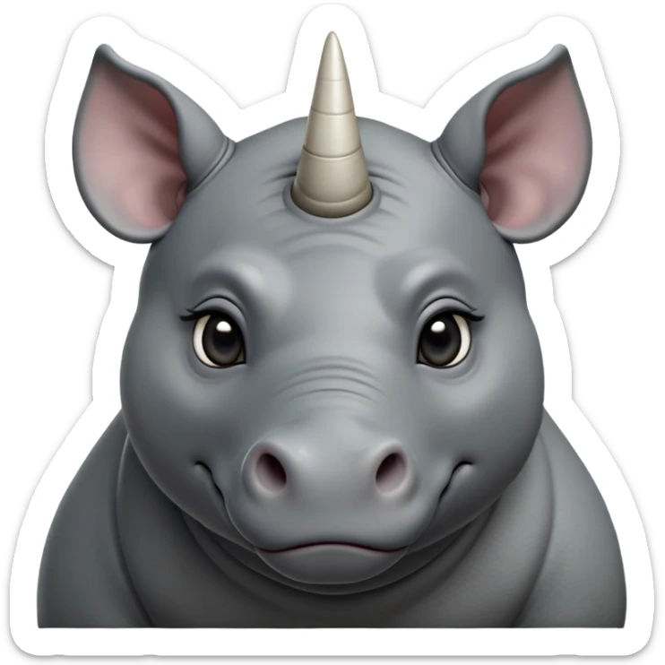 cinematic-noble-cute-young rhinoceros-portrait-emoji,slate-grey-hide-poised-and-regal,-with-a-massive,-powerful-build-and-a-thick,--deep-set-soulful-piercing-eyes,-simplified-yet-sharp-and-sophisticated-features,-highly-detailed,-large-black-eyes, white horn, front facing, zoomed out showing shoulders sticker