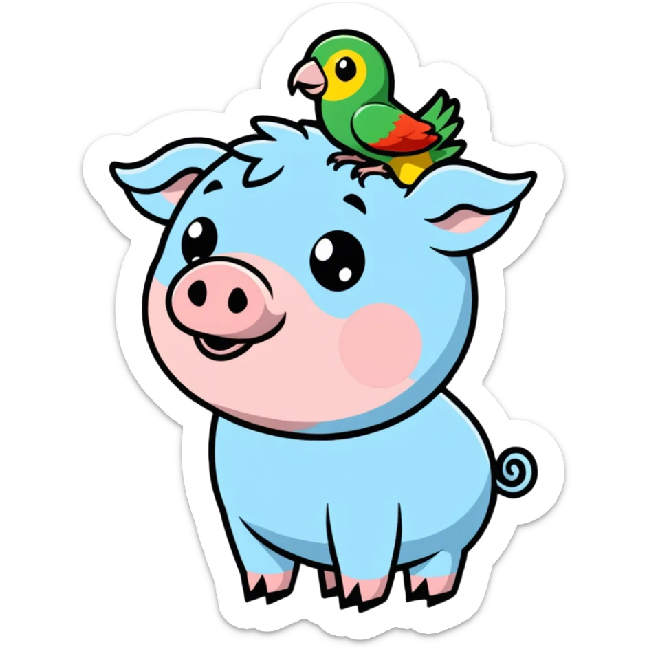 A pig with a parrot on head in fron of big house sticker