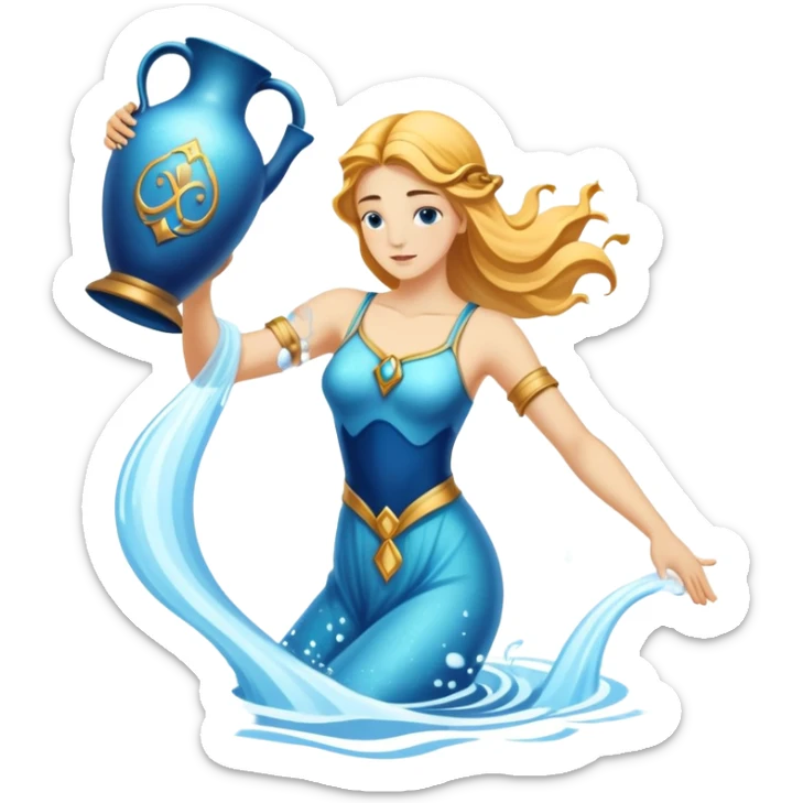 The zodiac symbol Aquarius. A mystical beautiful water bearer, pouring water from a large vase sticker
