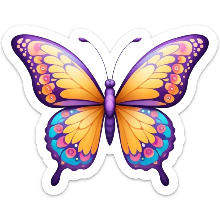 Cinematic Elegant Butterfly Portrait Emoji, Poised and ethereal, with delicate, intricately patterned wings in a kaleidoscope of soft, vibrant colors, a slender, graceful body, and gentle, observant eyes, Simplified yet exquisitely delicate features, highly detailed, glowing with a soft, radiant luminescence, high shine, intelligent and enchanting, stylized with an air of whimsical floral elegance, focused and poised, soft glowing outline, capturing the essence of a watchful butterfly that appears ready to flutter out of the screen with magical grace! sticker