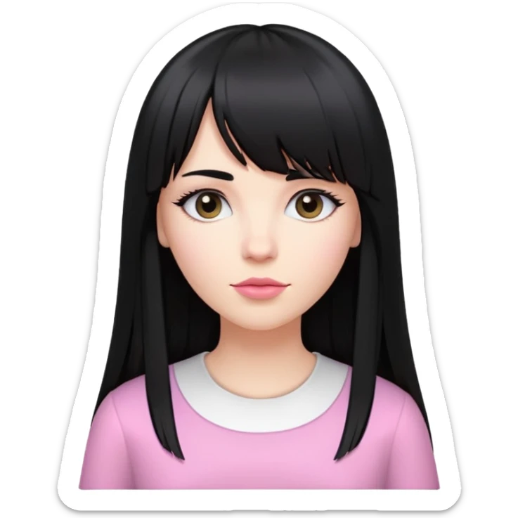 a white woman, with long, straight black hair, with a fringe, with a small pink clip in her hair, wearing a white shirt with a black design sticker