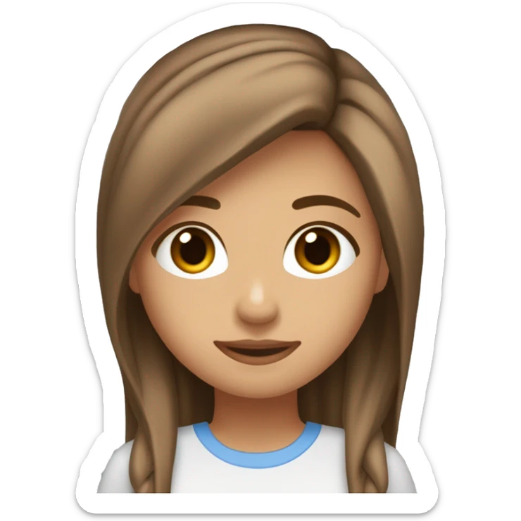 Una chica con el pelo castaño clarito liso con la raya al medio, tez en un tono un poco moreno, ojos marrone muy oscuros, sin pecas, nariz recta, con bastante pecho y la ropa de color azul sticker