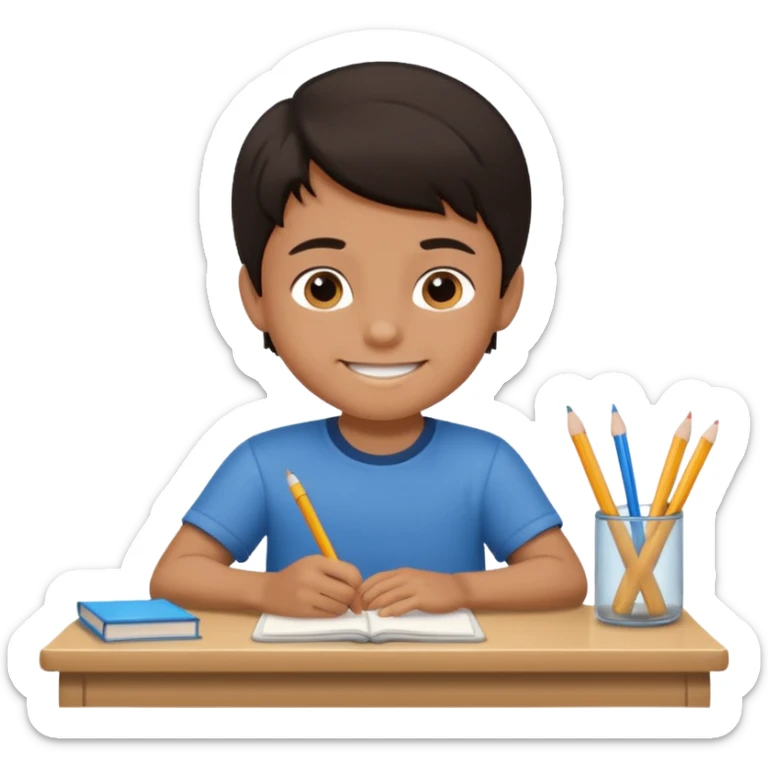Little nice boy straight a student dark hair really tan skin sitting in desk with smile sticker