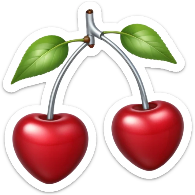 A pair of cherries emoji made of polished silver chrome, smooth rounded shapes, glossy metallic finish, soft highlights and reflections, cute proportions, iOS emoji style, centered, clean white background, no text sticker