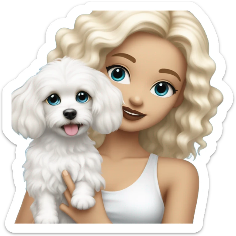 White Cute long haired Blonde and blue-eyed girl fashion nightclub outfit and holding happy white cavachon dog sticker