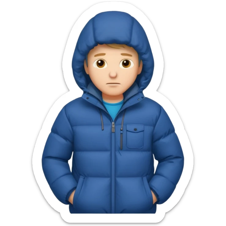 A man sitting on a chair, wearing a puffed coat with hood, hands in his pocket, freezing in the winter sticker