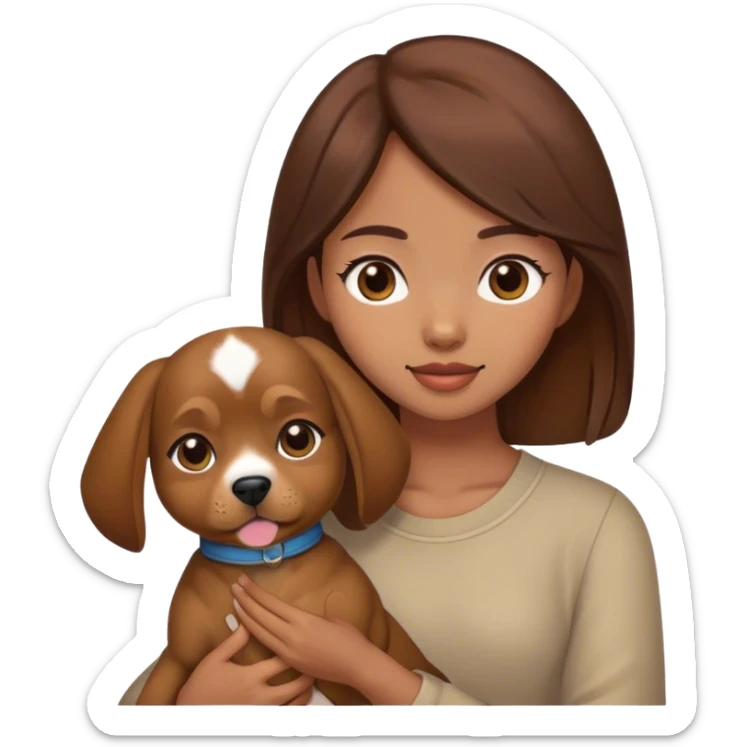 a brown hair hong kong girl holding a dog sticker