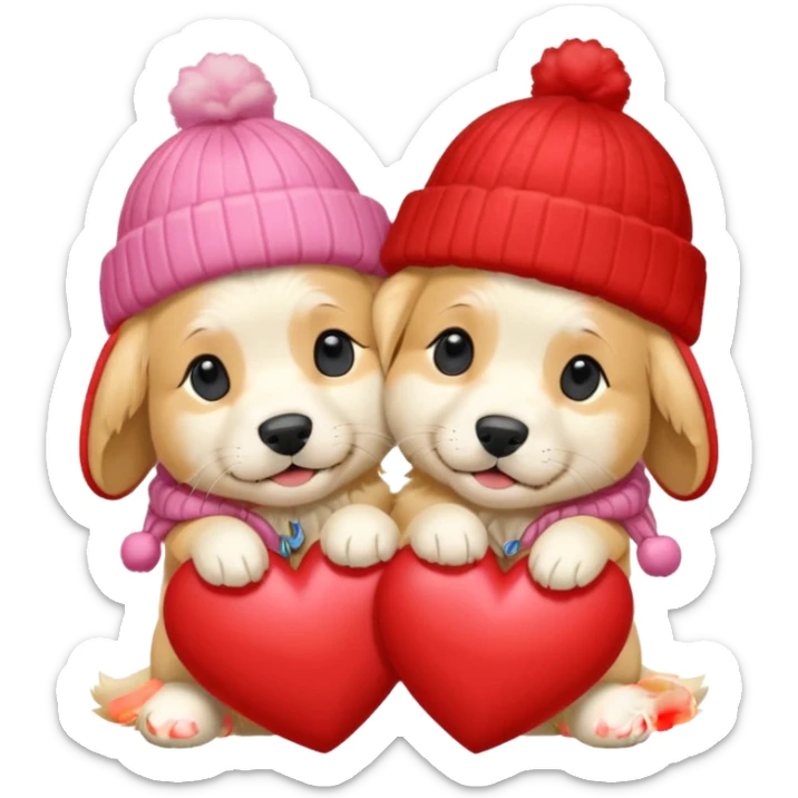 2 English cream golden retrievers cuddling with winter hats and heart in between them. Make them pale dogs . Less cartoon and no hands holding heart just a heart in between . Make them more pale and realistic looking like glossy  sticker