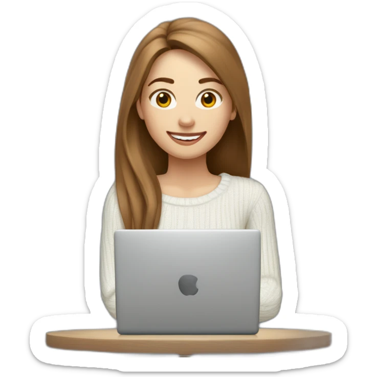 smiling woman with pale skin middle brown long straight hair with a laptop and a coffee mug wearing a white woolly shirt. It's snowing sticker