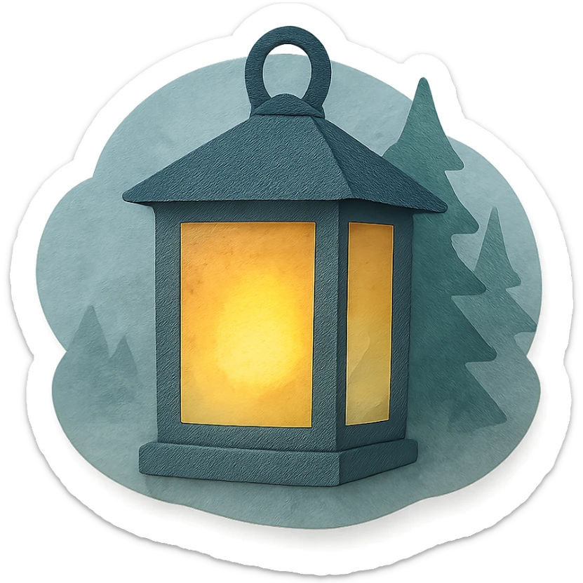 a lantern glowing softly in the misty woods, calm and dreamy feel, paper craft style sticker