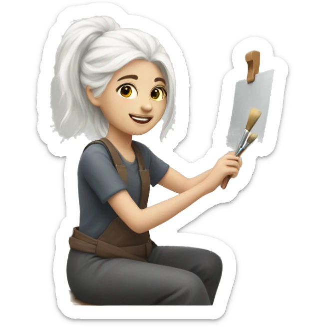 A girl with white hair is painting with a brush on a  sticker