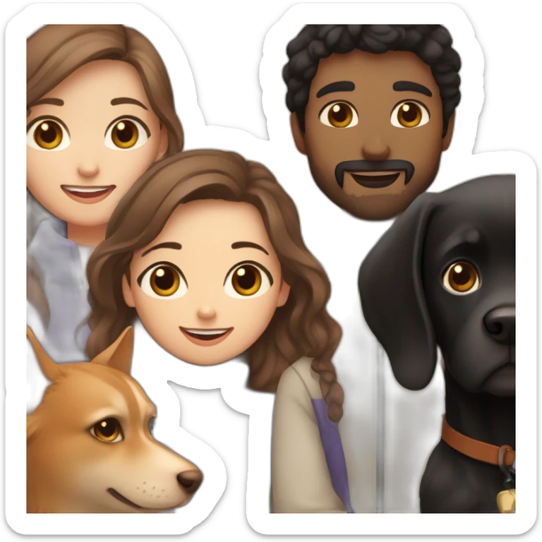A girl with long brown hair, a guy with black hair and a beard, a small black dog and a cat of golden color with cinnamon sticker