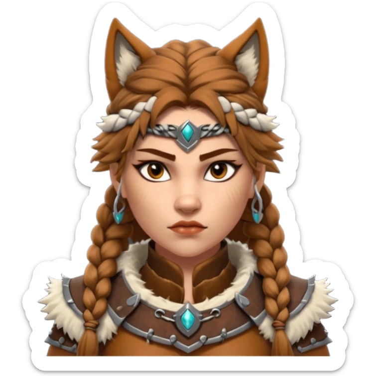 barbarian woman wolf rider portrait, head and shoulders only, fierce female warrior, fur-lined barbarian armor collar, wolf fur details, wild braided hair, intense eyes, tribal warrior vibe, fantasy style, 3D cartoon, mobile game icon style, clean background, no text, no watermark
 sticker