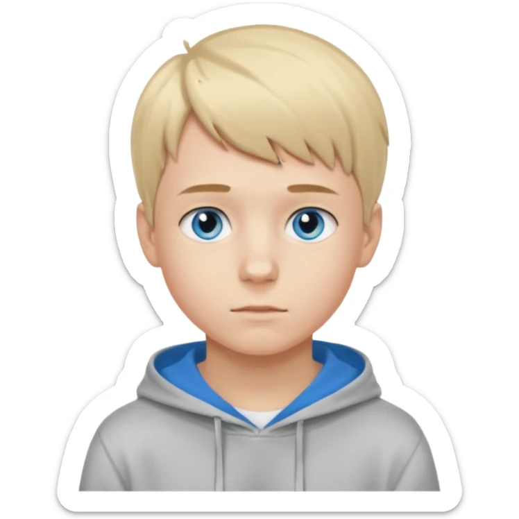 Teen boy with blue eyes and Grey hoodie standing up with blond short hair and short bangs sticker