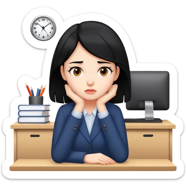 girl with black hair and brown tired of sitting in the office sticker