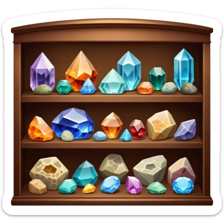 Icon for Mineral, Stone & Fossil Collecting: a display of various colorful minerals, gemstones, and fossils, arranged neatly on a table or shelf. The icon should reflect the beauty and scientific interest of collecting natural specimens. Transparent background. sticker