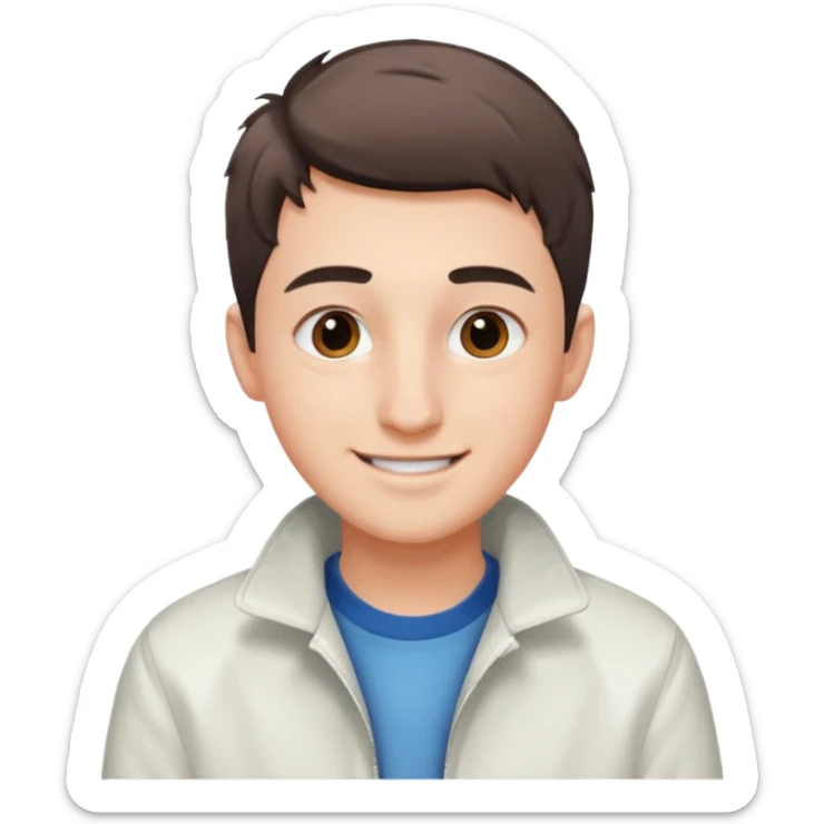 teenage man with very short gradient hair, brown eyes and long lashes, big nose and he is wear a white jacket sticker