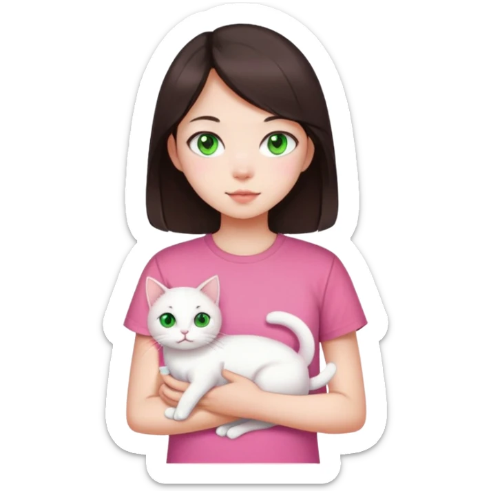 This Chinese girl has fair skin. She has long semi-short dark brown hair and is wearing a pink T-shirt. She is holding a white cat, her cat has green eyes sticker