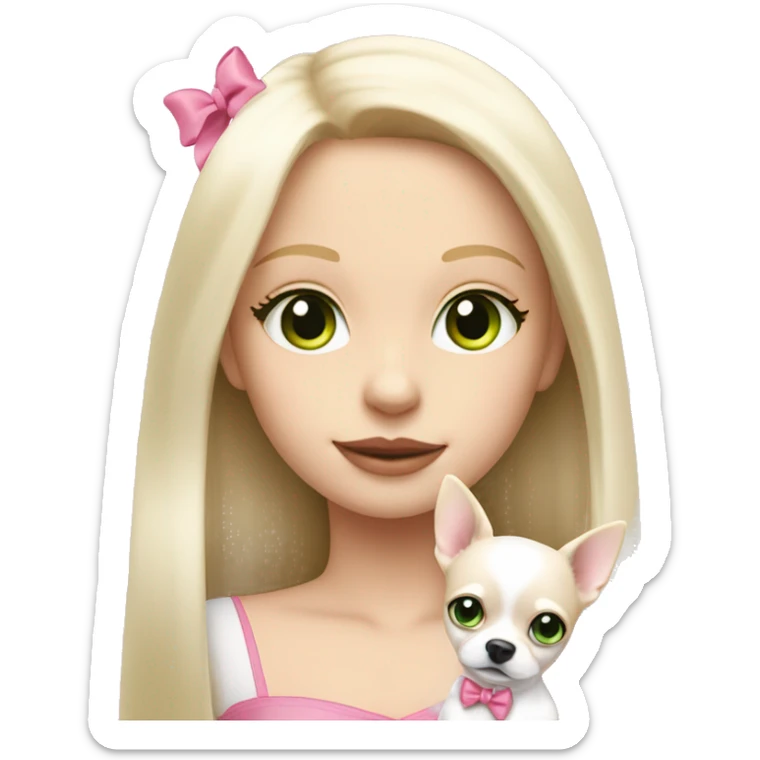 pale blond girl with long platinum hair with green eyes holding a white chihuahua puppy that wearing a pink bow sticker