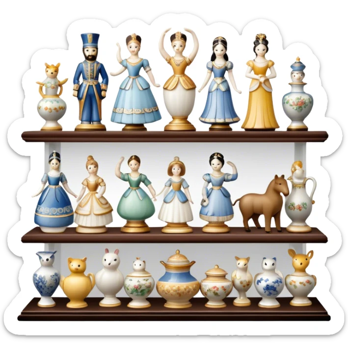 Icon for Porcelain Figurine Collecting: a collection of delicate porcelain figurines, such as animals, dancers, and historical characters, displayed on a shelf or in a display case. The icon should convey the elegance and artistry of collecting porcelain statues. Transparent background. sticker