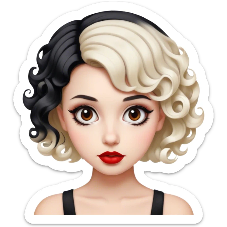 a girl, 26 years old, short hair curled inwards, two-tone hair with the front half black and the back half white. big eyes, red lips, very cool sticker