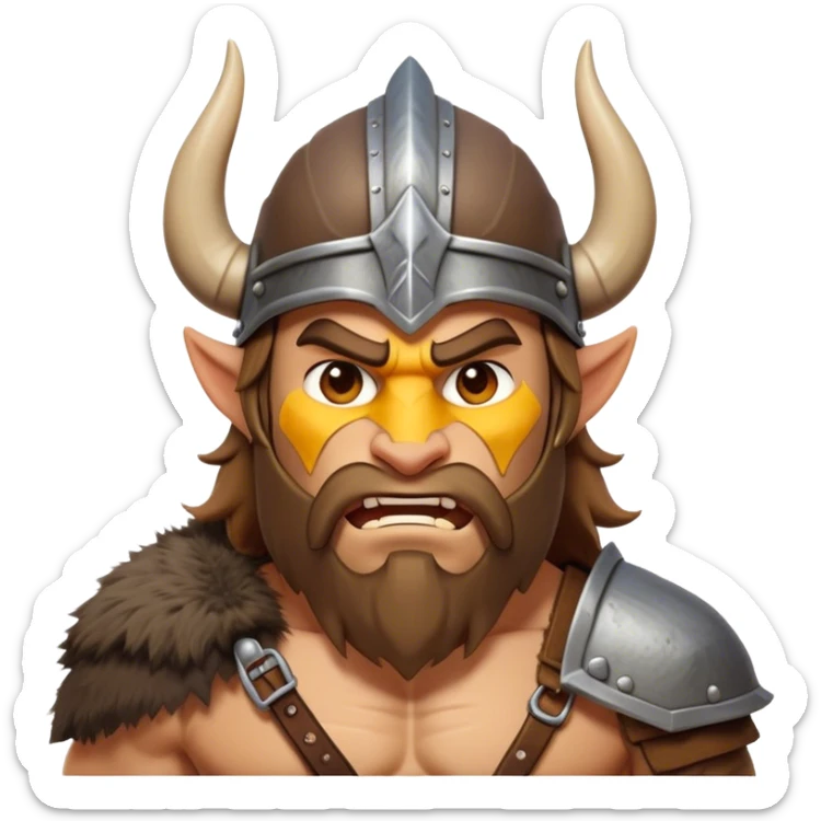 Clash of Clans aesthetic: Cinematic Fierce Barbarian Portrait Emoji, Poised and bold with a rugged yet cartoonish build in tattered furs and a horned helmet, his face rendered in a natural skin tone (not yellow), expressive bright eyes and a confident smirk, Simplified yet dynamic features, highly detailed, glowing with a vivid, adventurous aura, high shine, heroic and spirited, stylized with an air of medieval warrior charm, focused and energetic, soft glowing outline, capturing the essence of a fearless barbarian adventurer ready to lead his clan with spirited valor! sticker