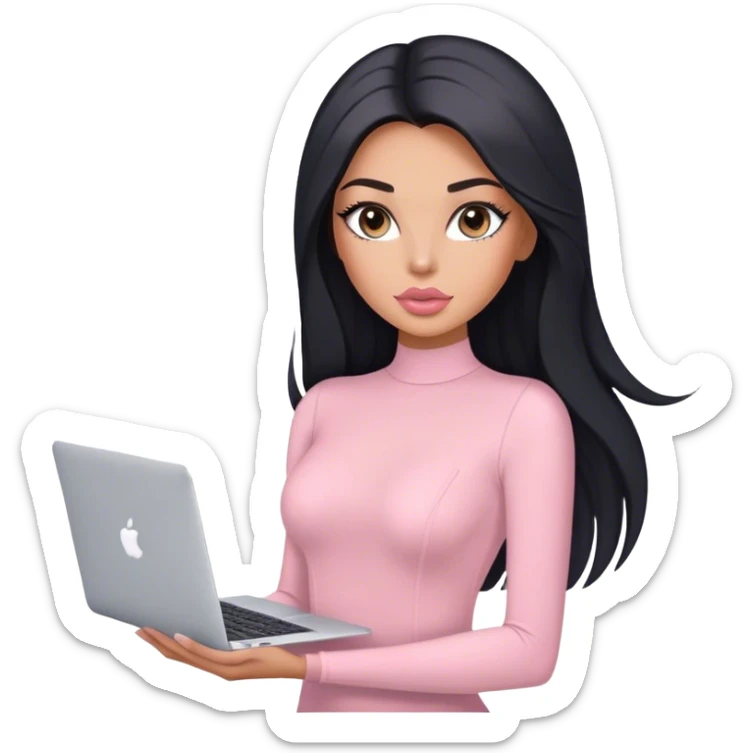 Glamours, tanned, very beautiful girl, with big pump peach-beige-rose lips, long lashes, black straight smooth silky long hair, straight parting hair, blue-grey eyes, in light-pink bodysuit holding MacBook sticker