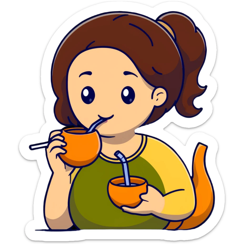 brunette woman drinking mate from a gourd with a bombilla straw, cute and expressive sticker