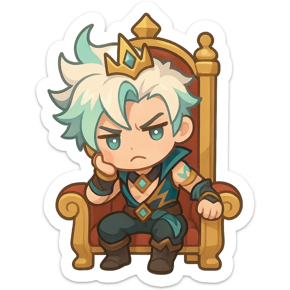 chibi emoji of Soul Fighter Viego sitting on a king's chair, cute and expressive, League of Legends inspired sticker