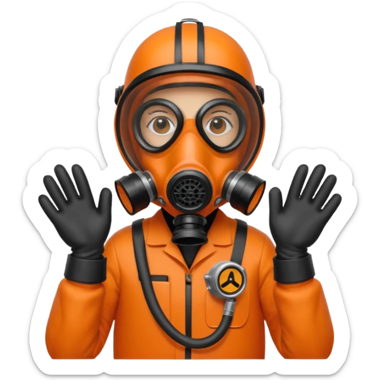 person in an orange suit, wearing a gas mask and black gloves sticker