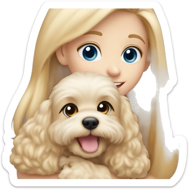 New year Blonde girl with very long straight hair and blue eyes is hugging a small caramel maltipoo and the dog is smiling  sticker