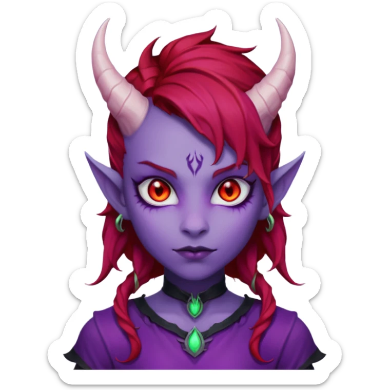 Demon Girl Purple Skin Dragon Horns Black Eyes Red Glowing Pupils Auburn Haired Red Shirt  sticker