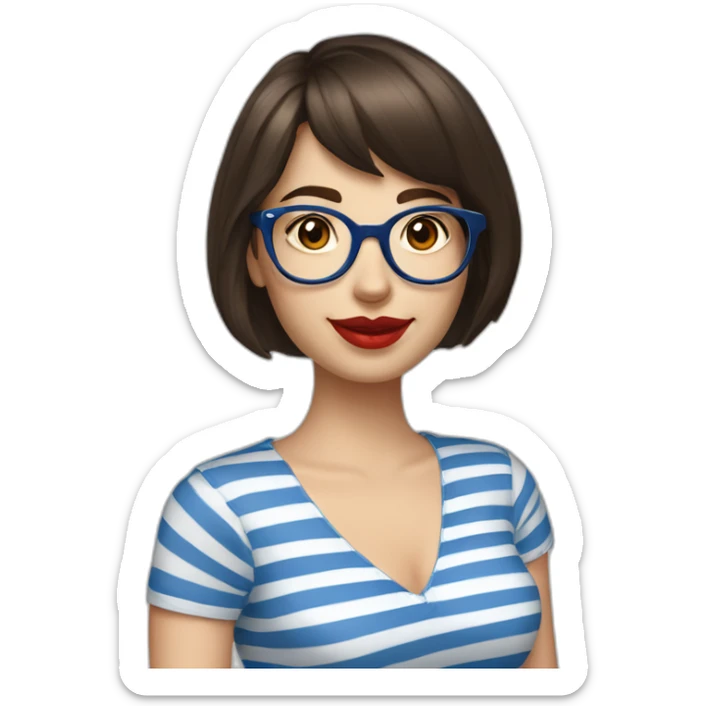 caucasian woman with retro glasses, dark brown hair, a bob haircut, bangs, red lipstick, blue and white striped t shirt sticker