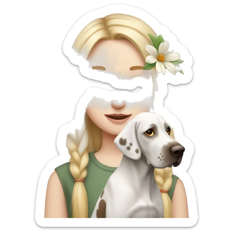 pale skin girl with blue eyes with long blonde hair that has a flower in her hair  holding a English pointer mixed with a lab dog the dog also has a flower in its hair sticker