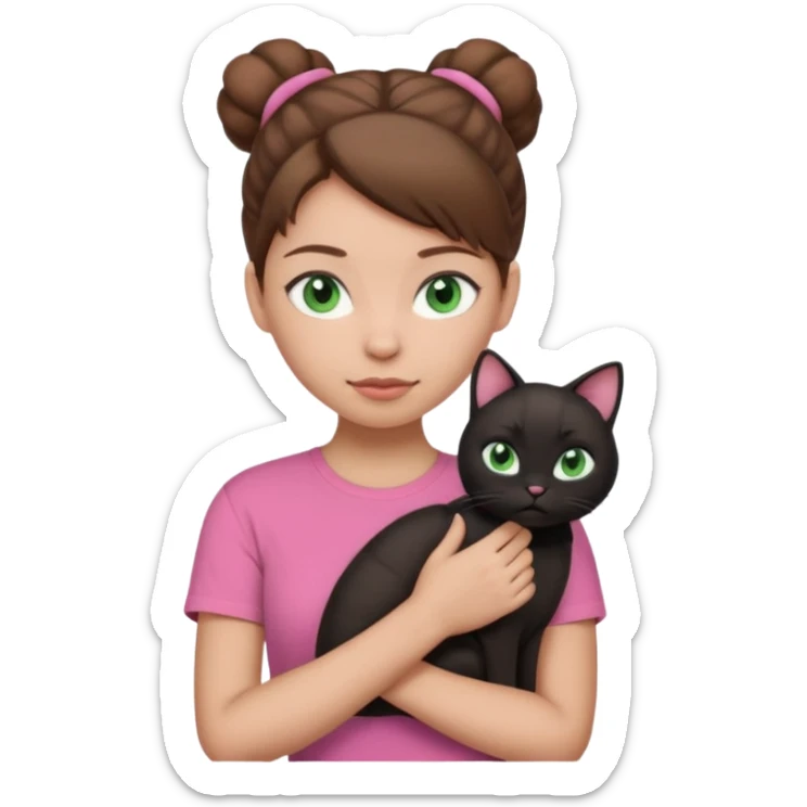 girl emoji with blue eyes, light skin, brown hair in a bun, wearing a pink t-shirt, black cat with green eyes sitting on her shoulder sticker